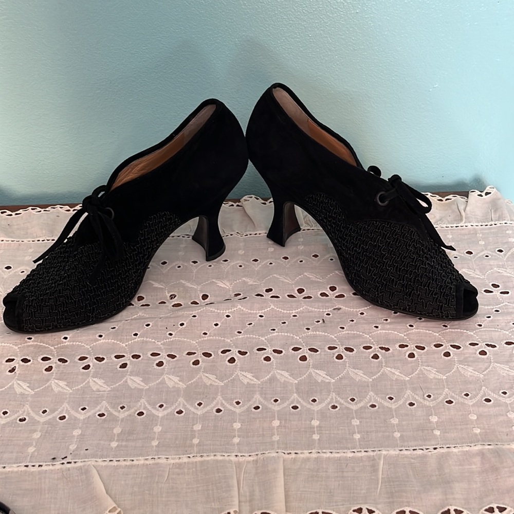 Ombeline Paris Shoes Black Peep Toe Flared Heel Tie Front Size 37 1/2